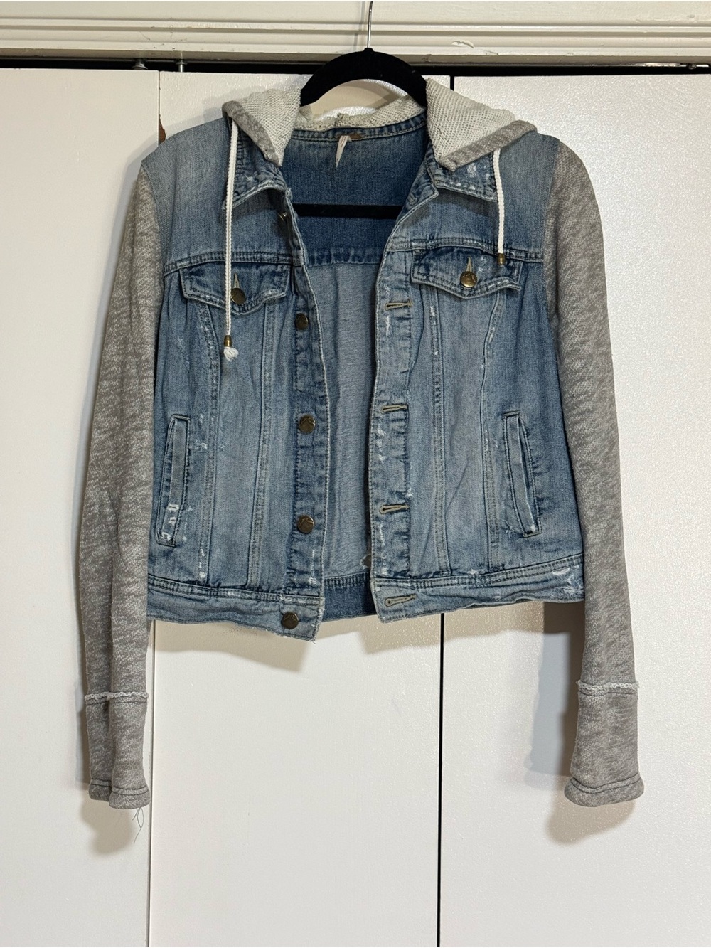 Free People Denim Hoodie Jacket M Distressed Knit Sleeve Jacket - Picture 2 of 16